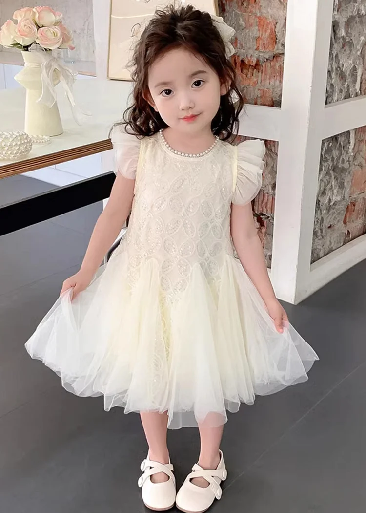 Elegant Beige Pearl Sequins Tulle Girls Dress Summer