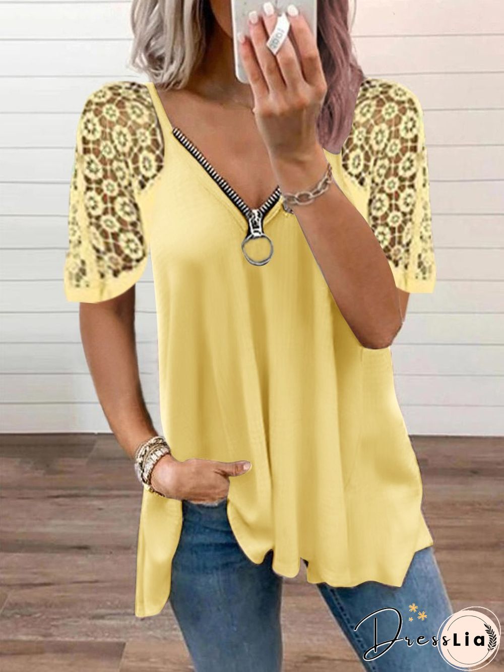 Summer Womens Lace Stitching Short Sleeve Tops Solid Color Loose T-Shirt Fashion Casual