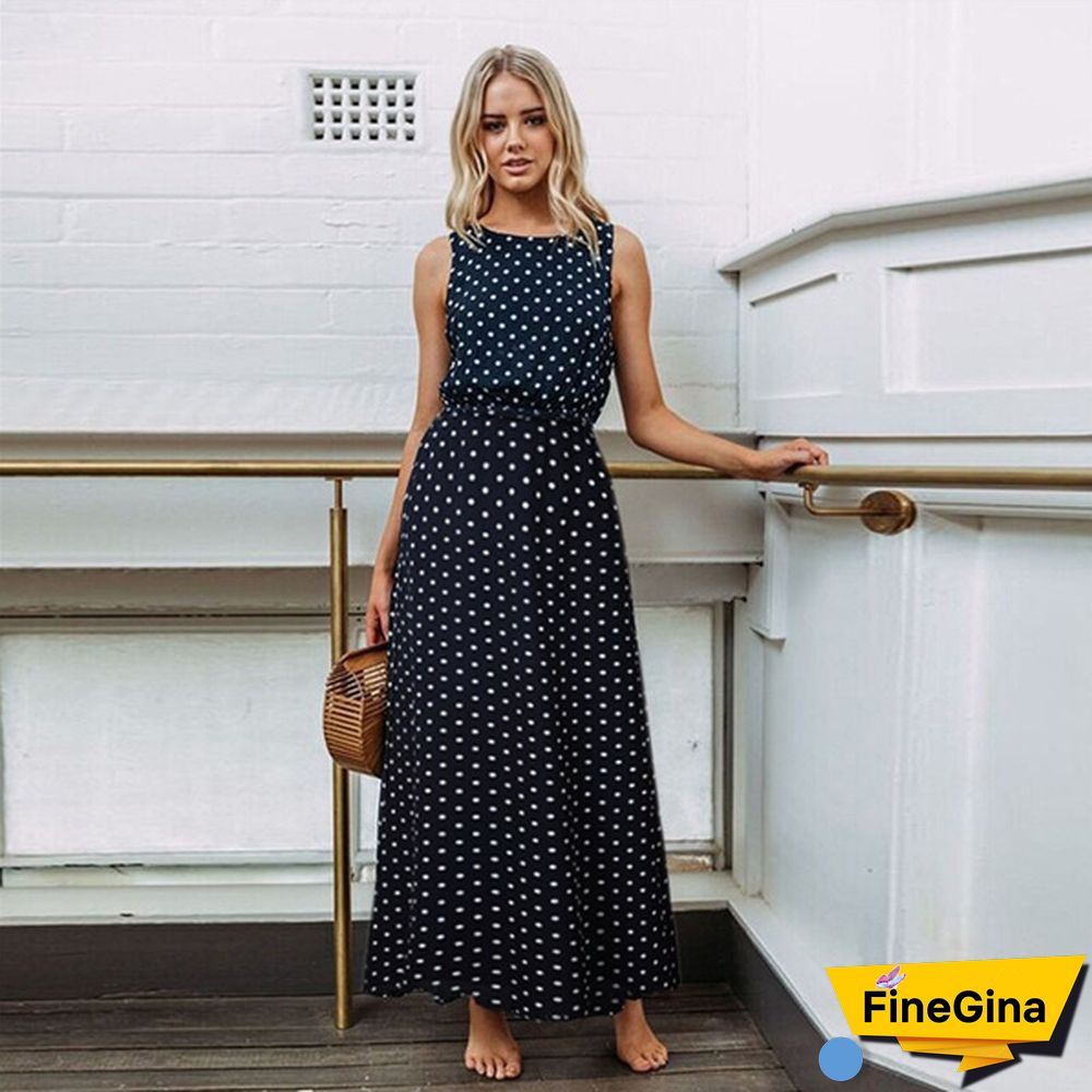 Women Loose Sleeveless Holiday Dot Print Long Maxi Dress Evening Party Beach Dresses Summer Sundress