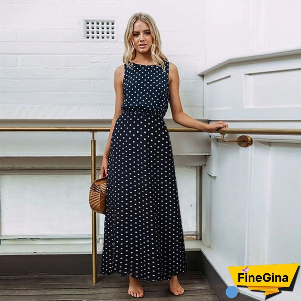Women Loose Sleeveless Holiday Dot Print Long Maxi Dress Evening Party Beach Dresses Summer Sundress