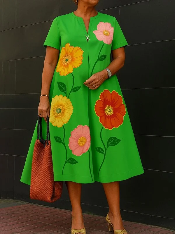 Flower Print Short Sleeves Loose V-Neck Midi Dresses