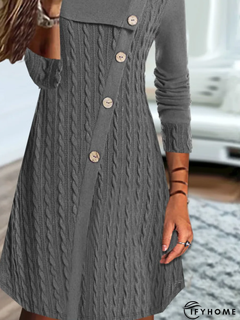 Casual Plain Texture Crew Neck Stitched Buttons Jersey Dress | IFYHOME