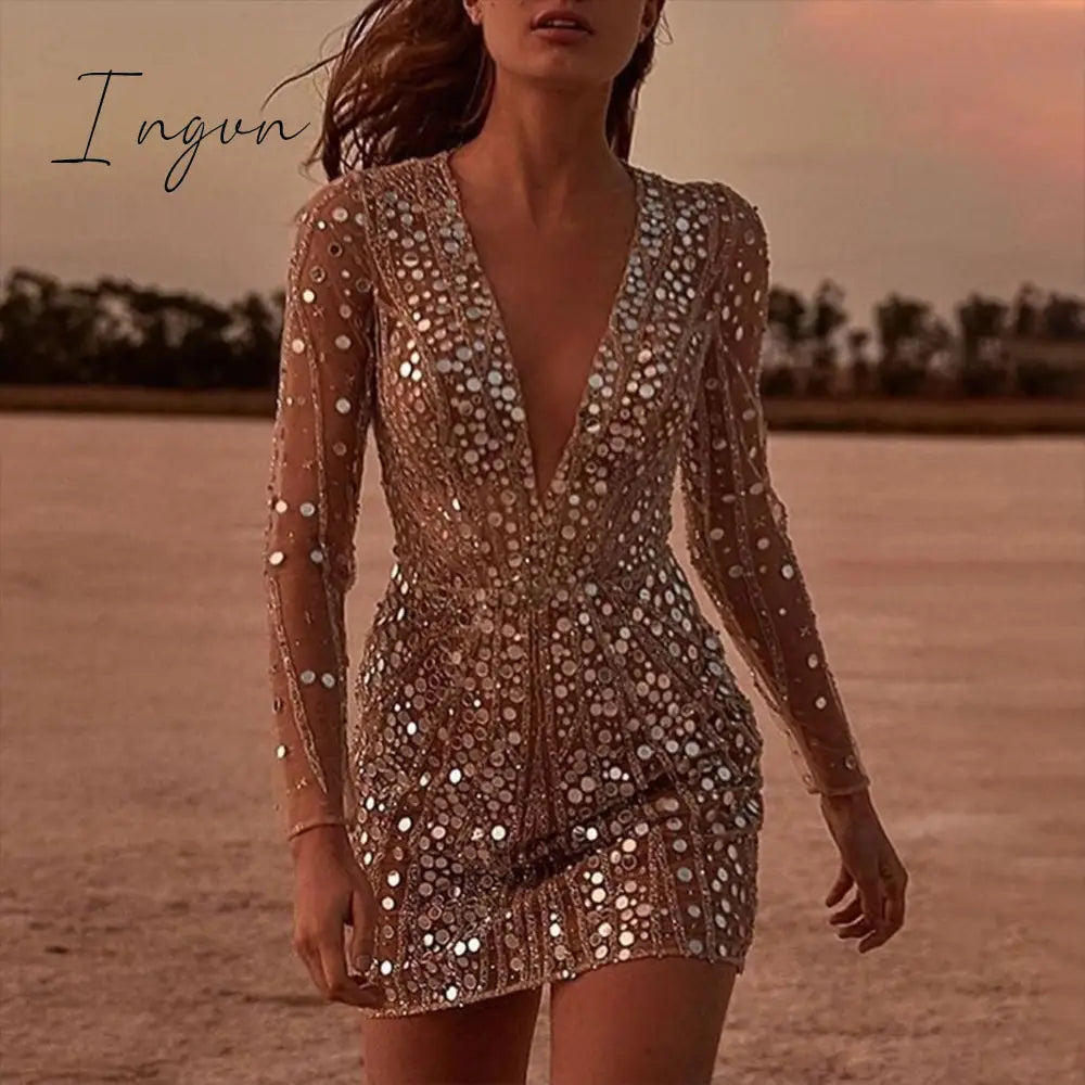 Ingvn - Party Dresses For Women 2023 Bodycon Lady Deep-V Slim Elegant Long-Sleeved Sequin Dress