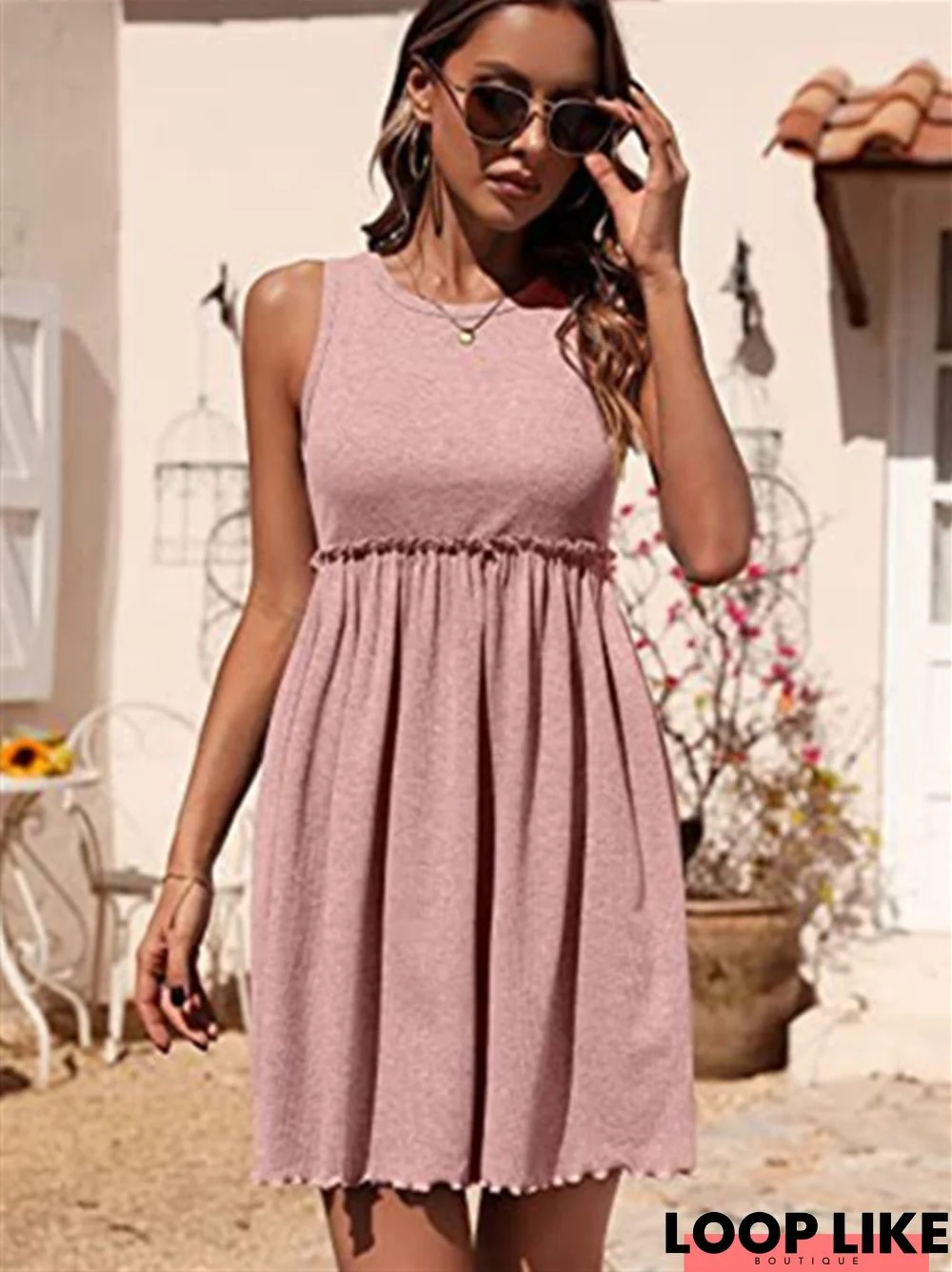 Solid Color Round Neck Rib Knit High Waist Pleated Vest Dress