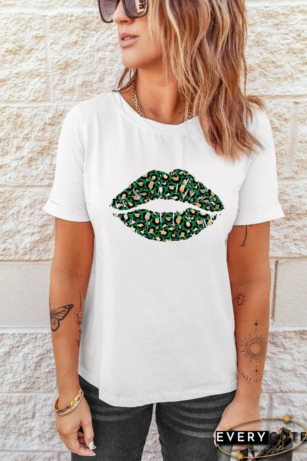 White St Patrick Leopard Lip Print Short Sleeve T-shirt
