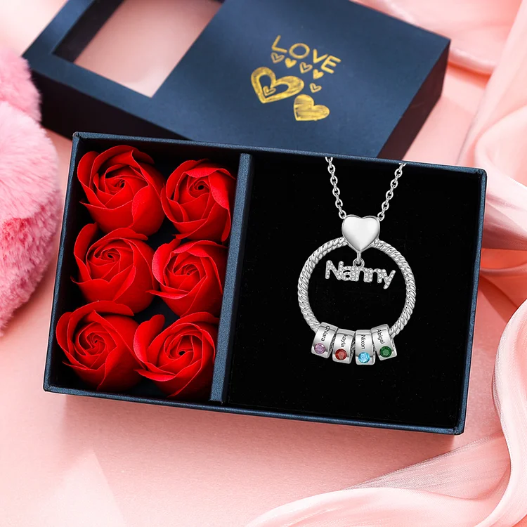 4 Names-Personalized Nanny Circle Necklace With 4 Birthstones Pendant Engraved Names Gift Set With Rose Gift Box For Nanny
