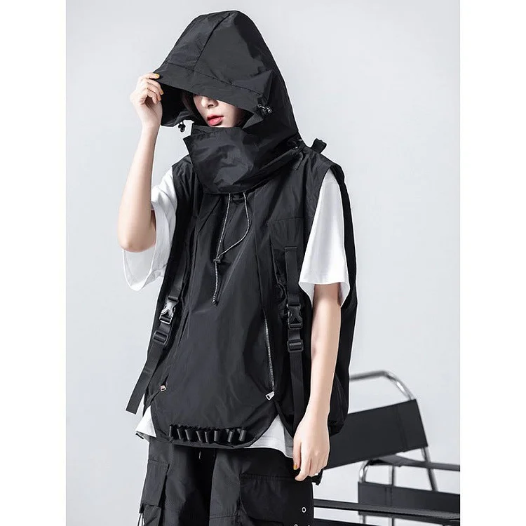 Functional Style Vest Trendy Brand Dark Hip-Hop Hooded Tactical Work Attire Vest Sleeveless Jacket-dark style-men's clothing-halloween