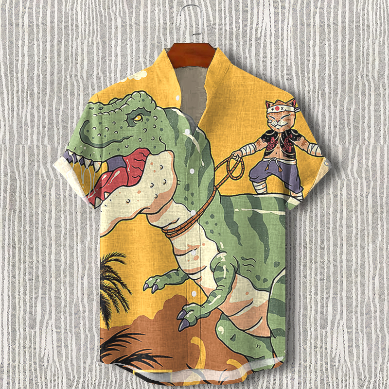 Men's Cat Samurai Riding A Dinosaur Fun Vacation Shirt