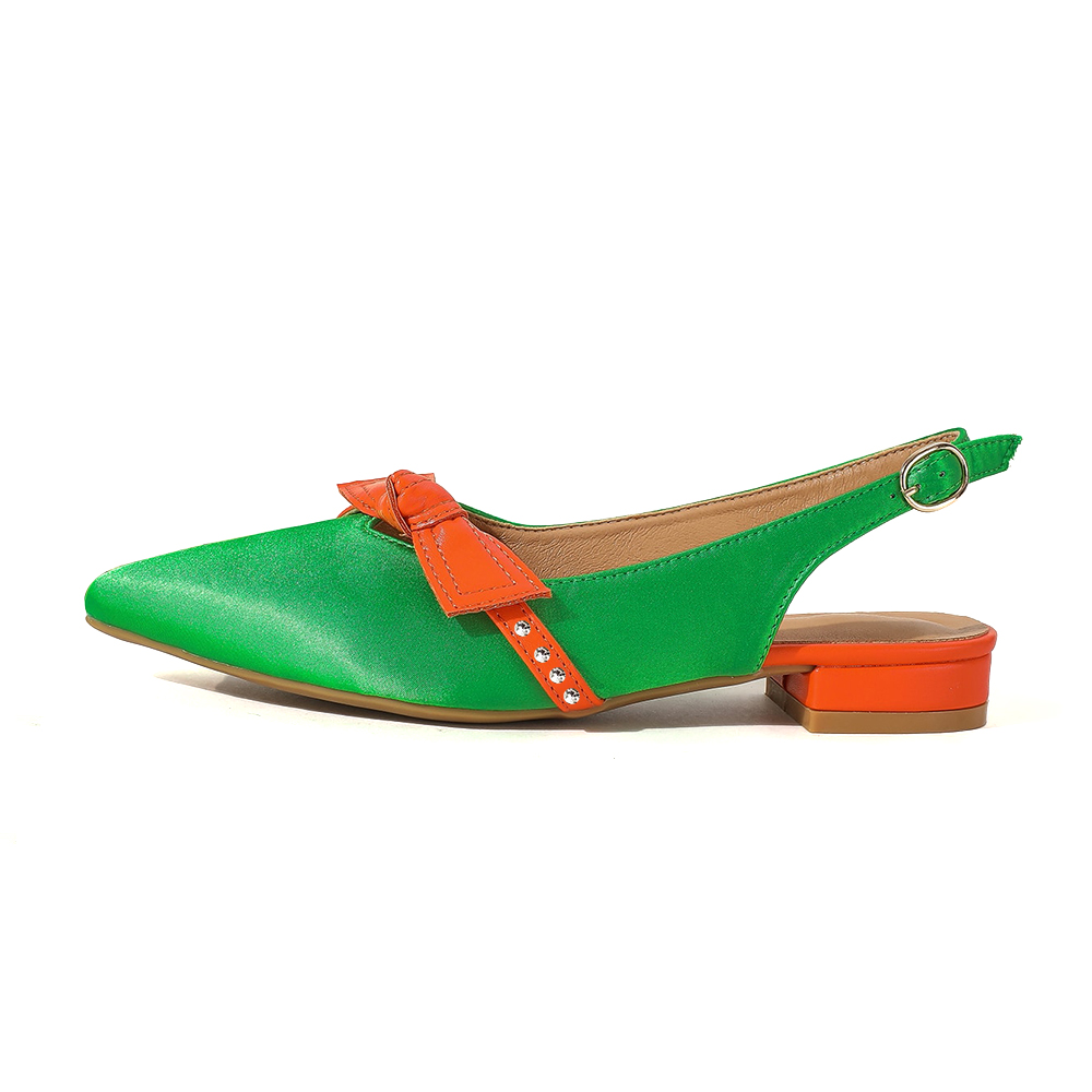 Two Tone Satin Pointed Toe Bow Strap Slingback Flats with Rhinestone Nicepairs