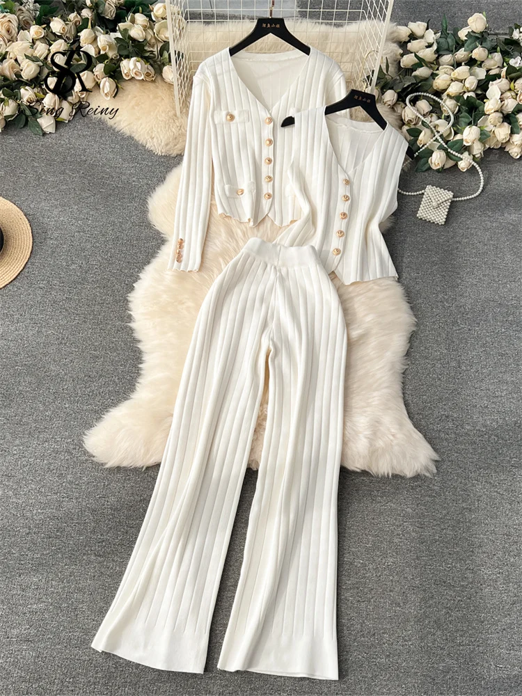 Huibahe Senior Knitted Suits Fashion Metal Button Vest+V Neck Long Sleeves Cardigans+Wide Legs Pants Stripe Three Pieces Sets