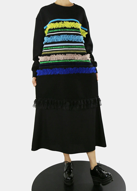 VCSHOES Black O-Neck Ruffled Tulle Striped Patchwork long Dresses Spring