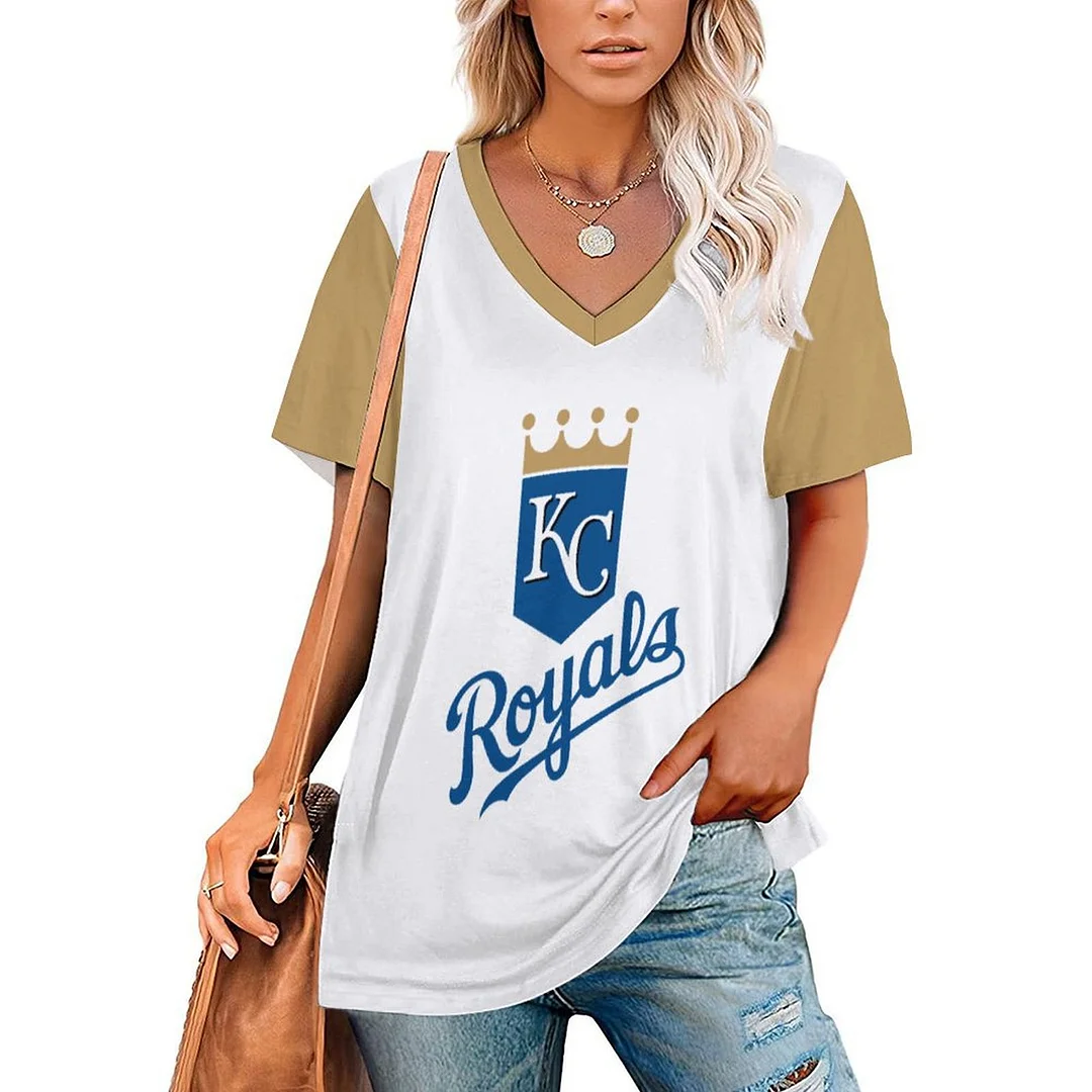 V-neck Short Sleeve Casual T-shirt for  Women Printed with Pattern,Blue,Light Blue,Gold,White