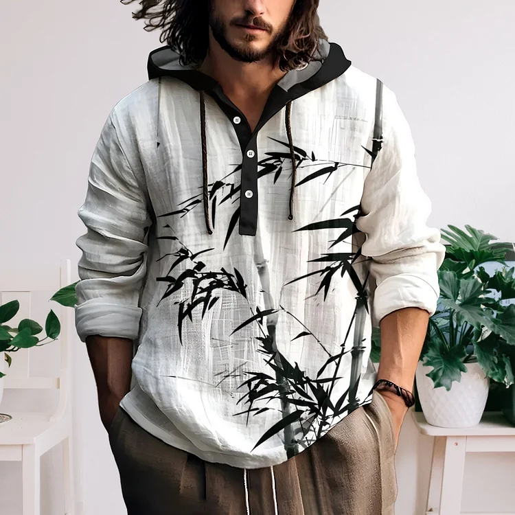 Men's Bamboo Hooded Half Open  Made Of Linen Fabric Sweatershirt