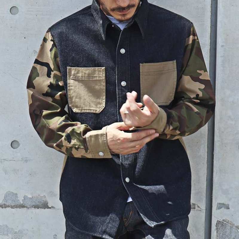 Trendy Camouflage Panel Denim Long Sleeve Shirt