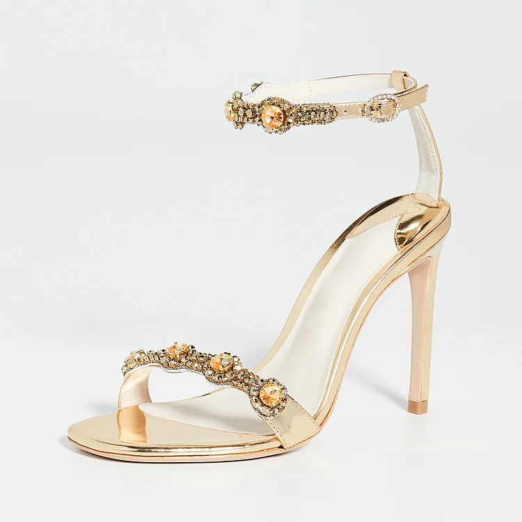 Gold Rhinestone Ankle Strap Heels Stiletto Heel Sandals |FSJ Shoes