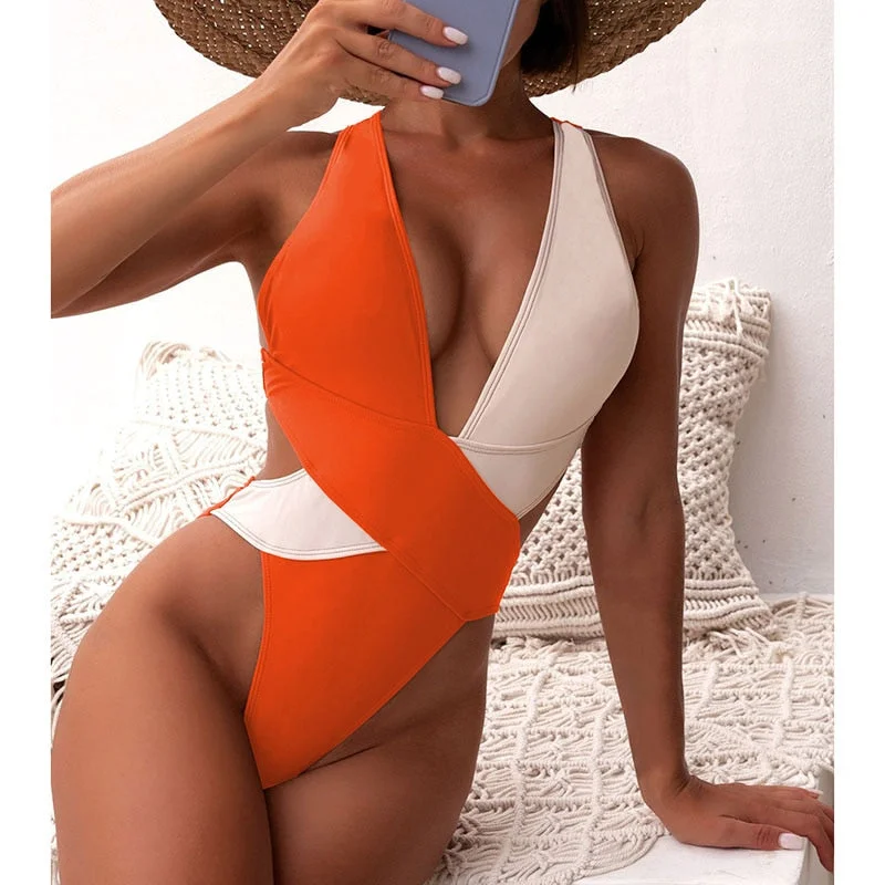 INGAGA Sexy Plunging One Piece Swimsuit Colorblock Swimwear Women 2022 New Cut Out Monokini Cross Back Bodysuit Bathing Suits