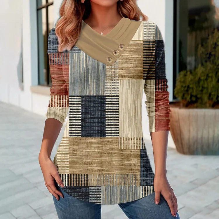 Autumn Casual Printed V-Neck Long Sleeve Button T-Shirt
