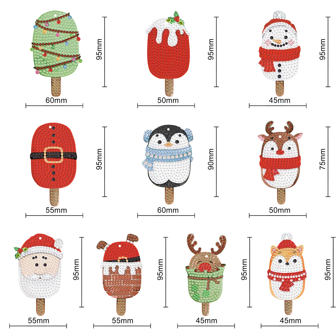 10pcs Christmas Diamond Painting Ornament Ice Cream Christmas Penguin Elk Snowman Gift (Single-sided Shaped Diamond)