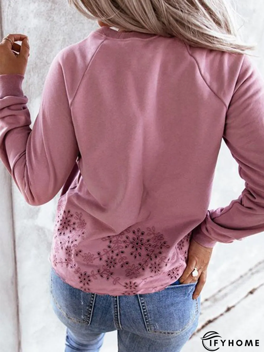 Rose Red Round Neck Casual Cotton-Blend Tunic Sweatshirt | IFYHOME