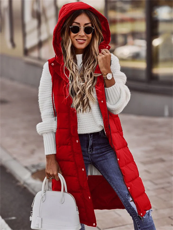 Women's Winter Jacket Vest Outdoor Street Daily Winter Fall Long Coat Regular Fit Windproof Warm Casual Jacket Sleeveless Solid Color Khaki Red White | 168DEAL