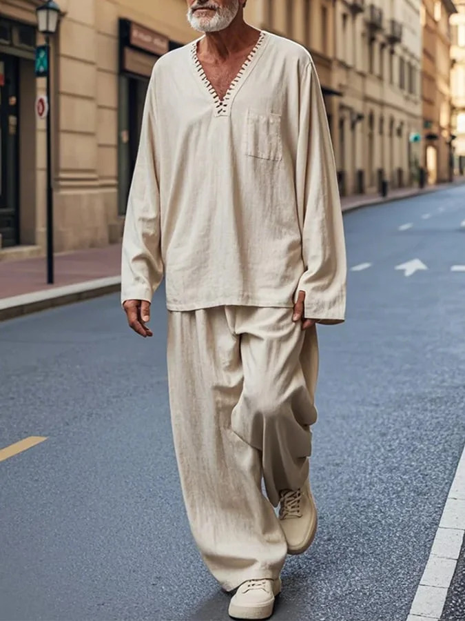Men's Casual Solid Color Cotton And Linen Long-Sleeved Trousers Suit 
