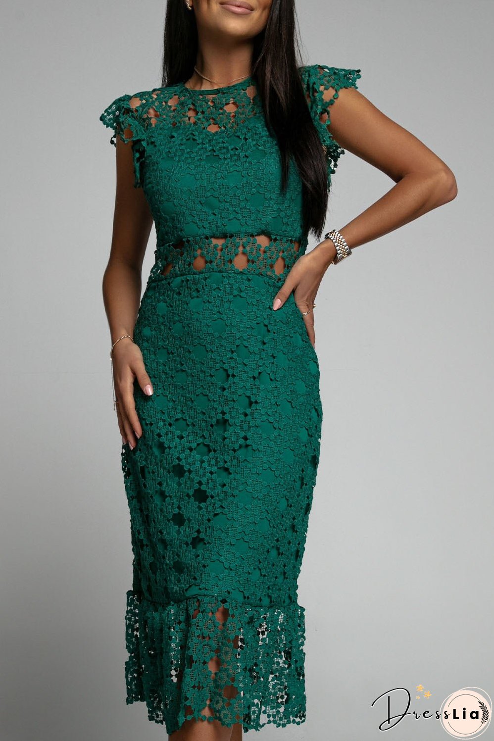 Green Lace Lined Midi Dress