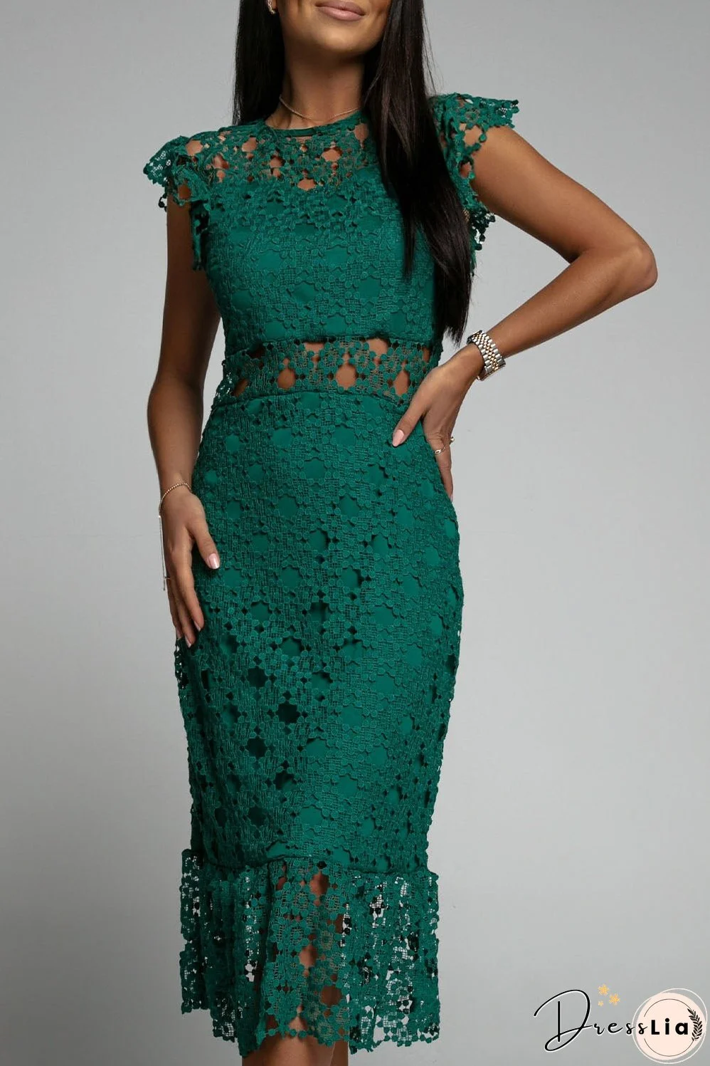 Green Lace Lined Midi Dress