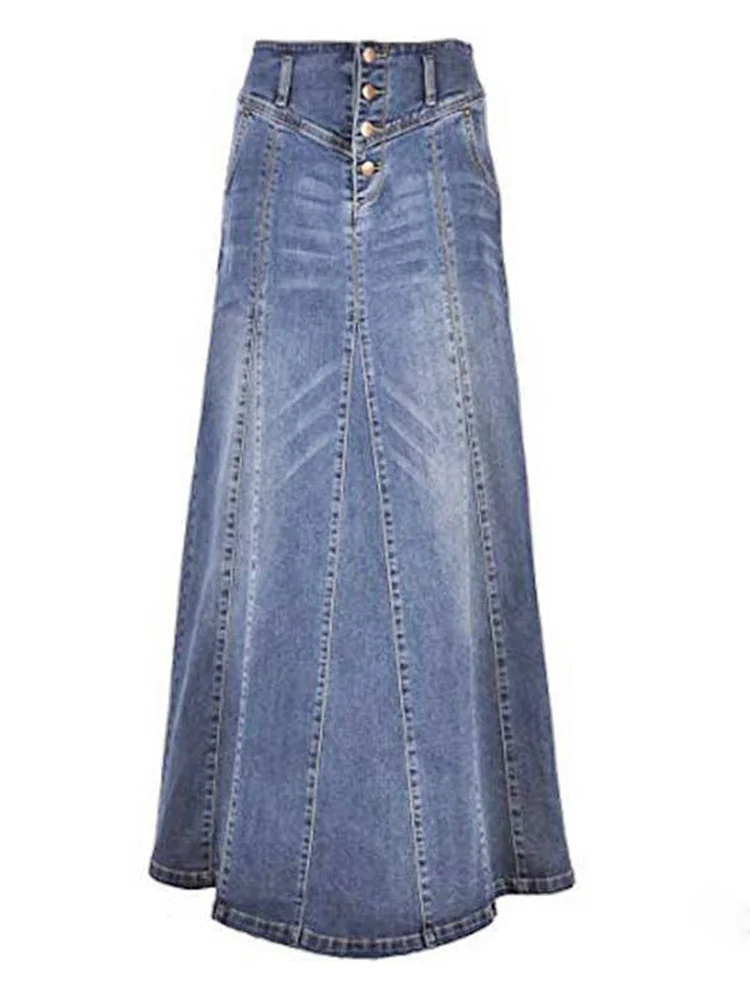 Casual Button High Waist Spliced Denim Maxi Skirt
