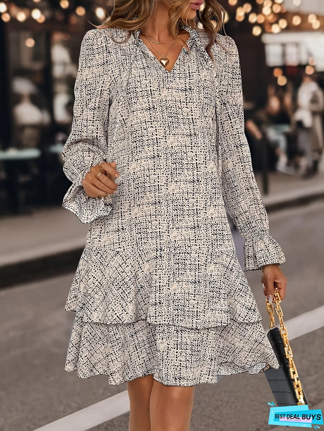 Graphic Print Layered Hem Dress, Elegant Long Sleeve Tie Neck Dress For Spring & Fall, Women's Clothing