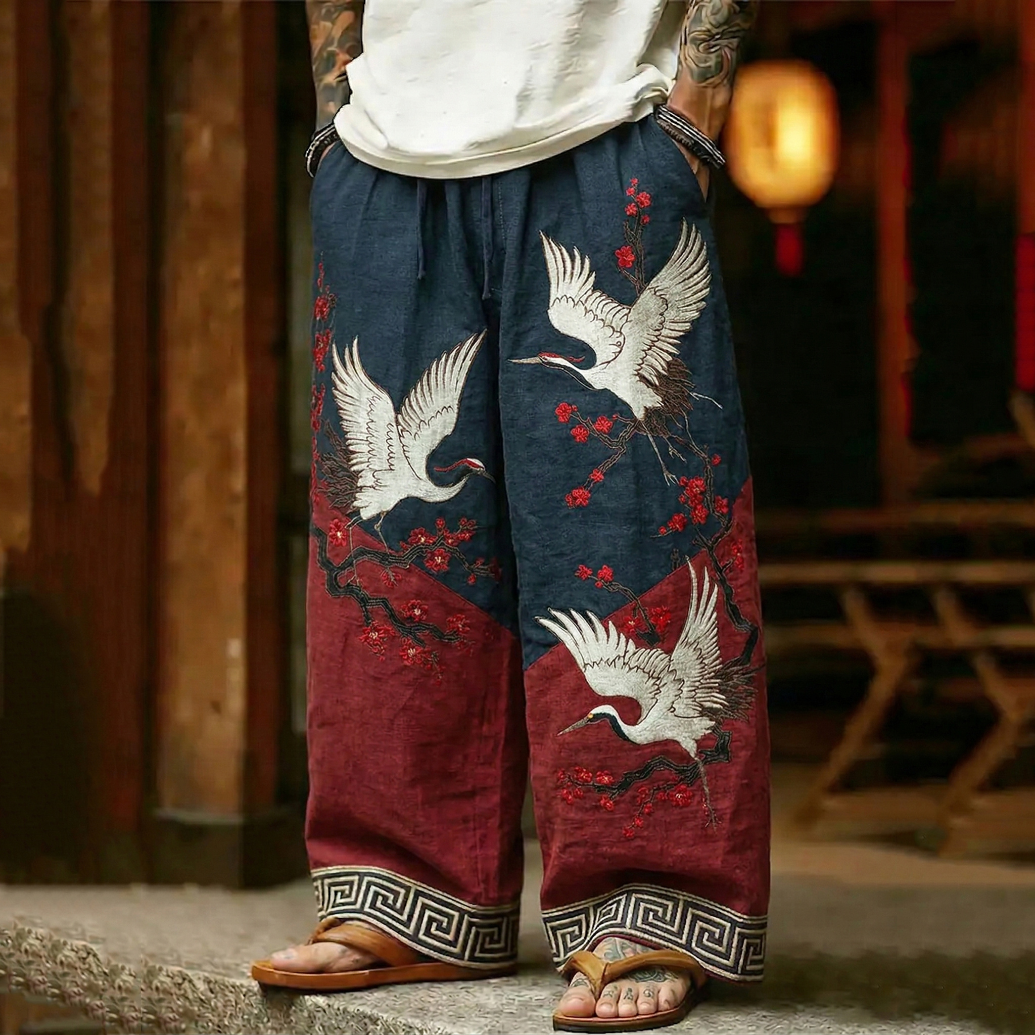 Men's Vintage Japanese Pine Trees And Cranes Print Linen  Casual Pants elevenforest