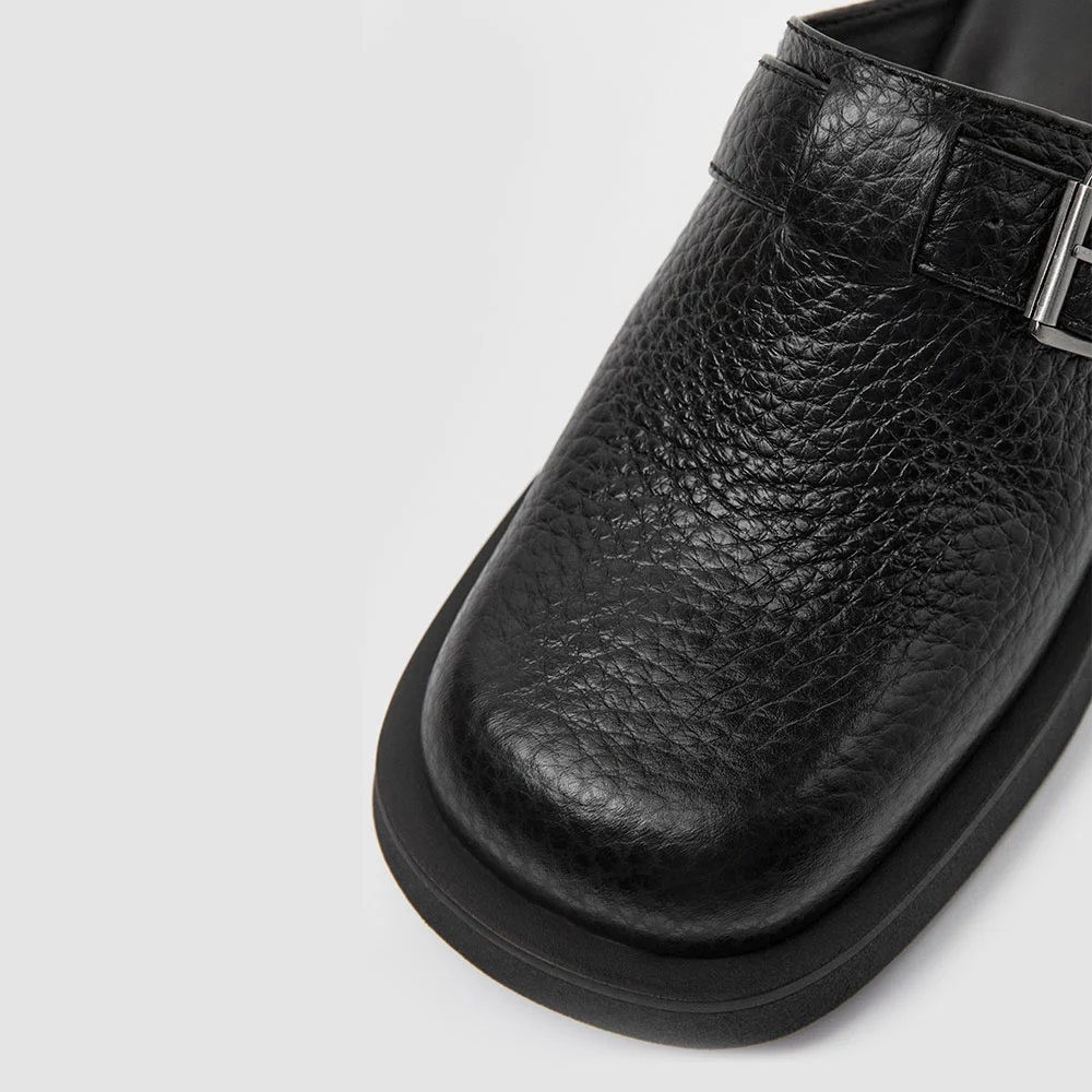 Black Closed Toe Block Heel Buckled Slip On Mule Shoes for Women
