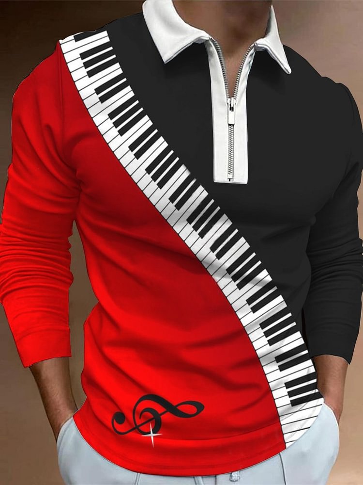 Men's Zipper Music Print PoLo Shirt