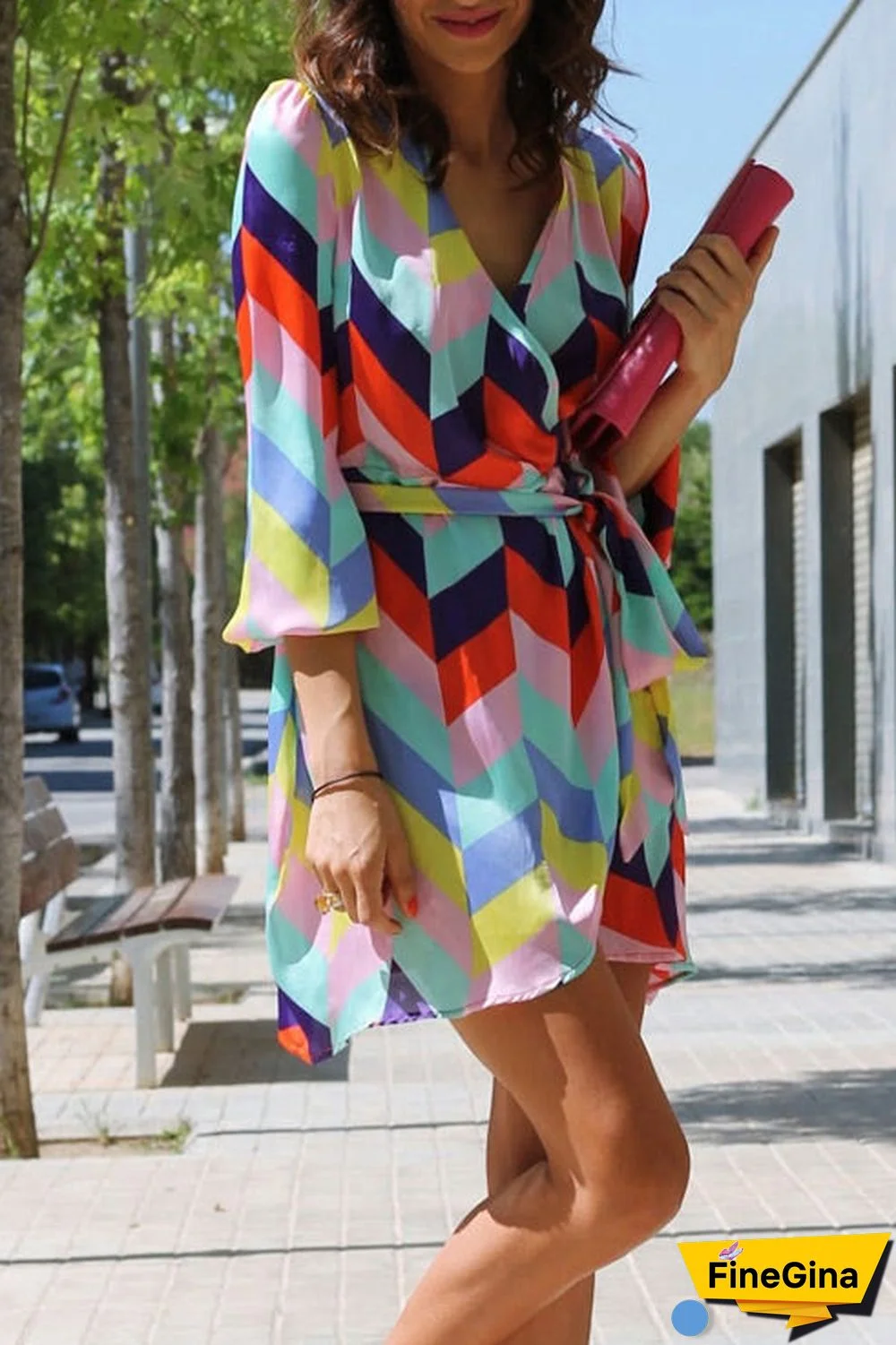 Colorful Geometric Print Lace-up Vacation Dress