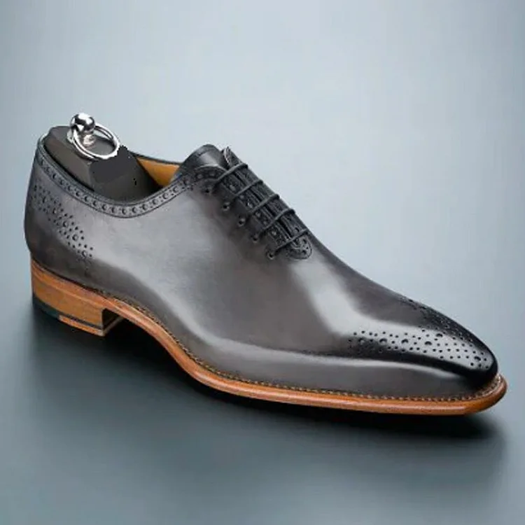 Men's Gray Leather Oxford Brogue Dress Shoes