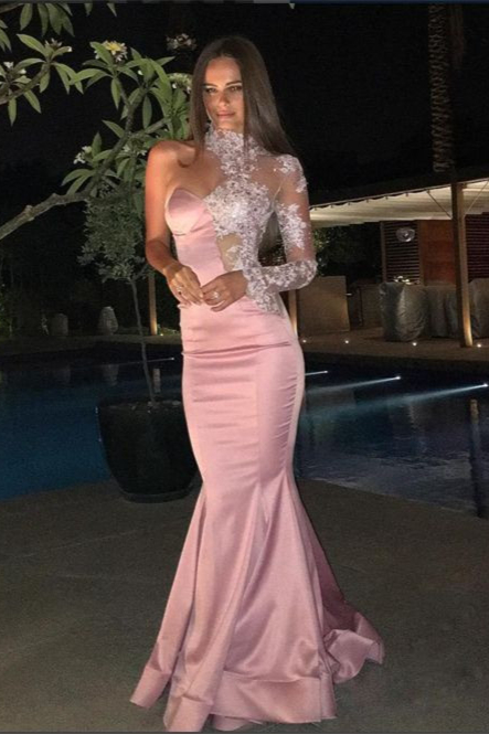 Bellasprom Long Sleeves One Shoulder Prom Dress Mermaid Lace Evening Gowns Pink Bellasprom