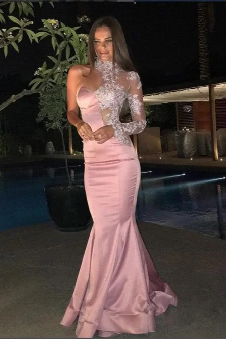 Luluslly Pink Long Sleeves One Shoulder Prom Dress Mermaid Lace Evening Gowns