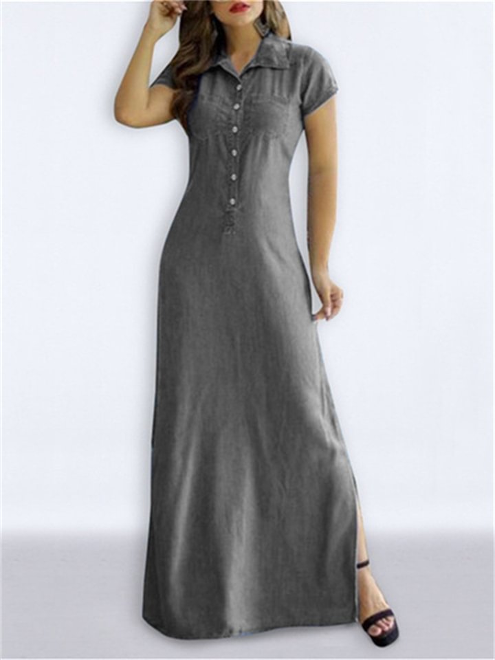 Long Dress Shirt Collar Open Pocket Hem Dress Large Size Casual Denim Dress -vasmok