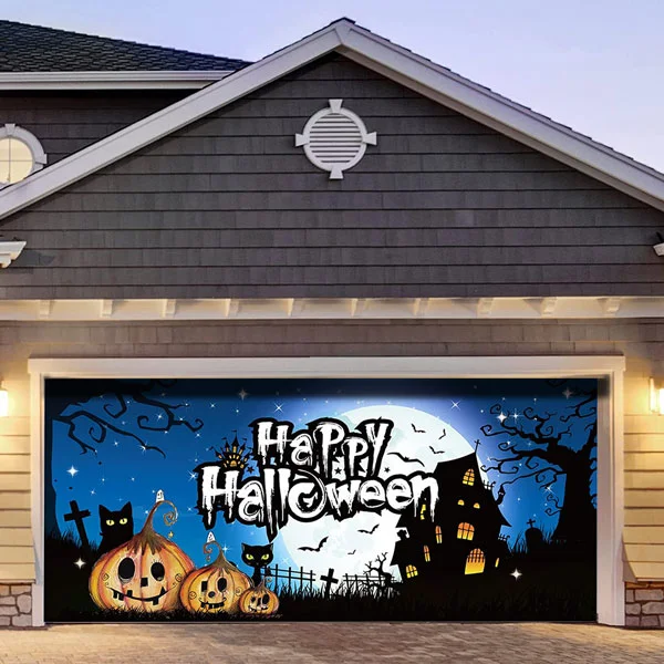(This style has a US warehouse and can be delivered in 3-5 days）7' x 16'  Scray Jack O Lantern Three Scary Pumpkins Garage Door Mural
