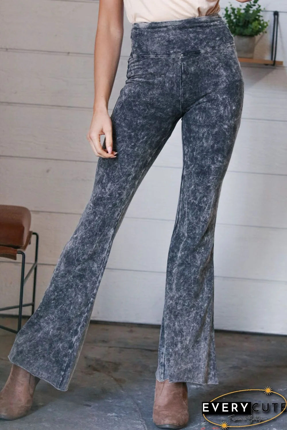 Gray Mineral Wash Retro High Waist Flare Pants