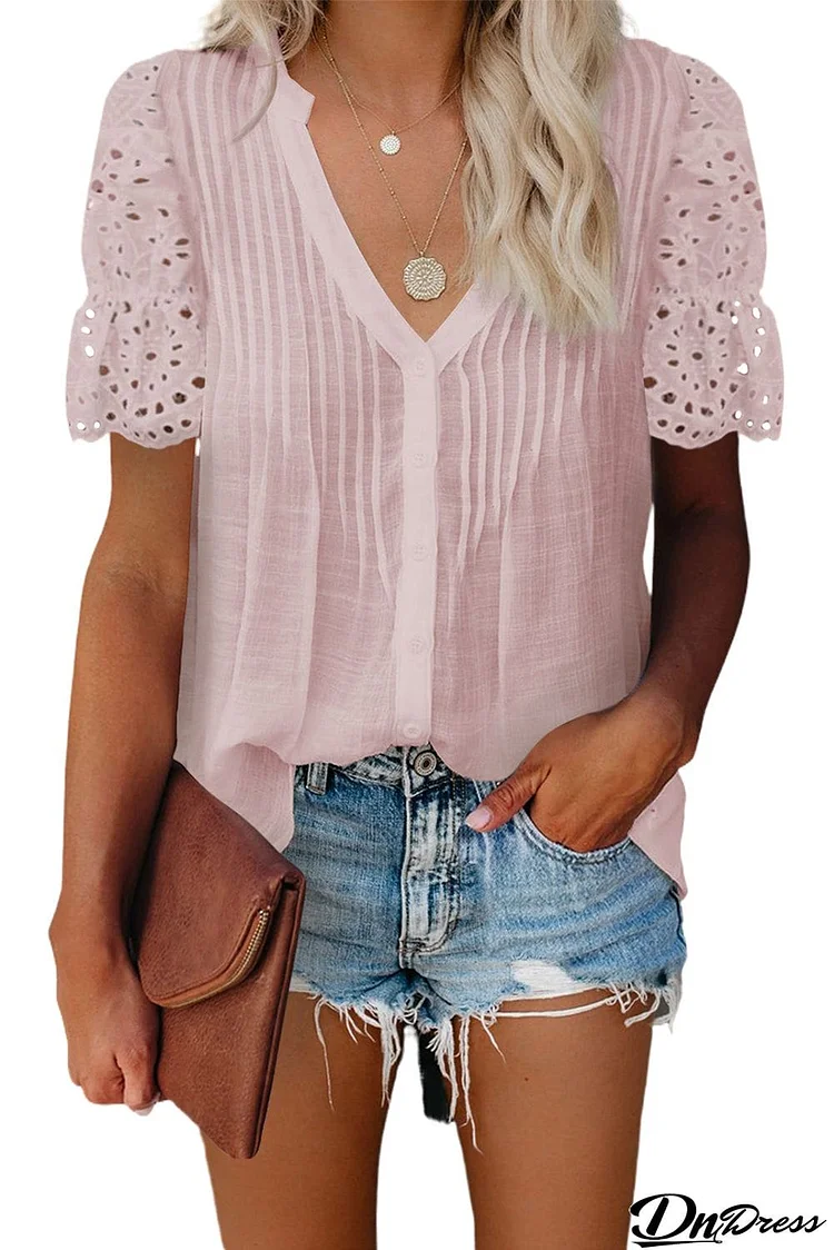 V Neck Eyelet Short Sleeve Pleated Blouse