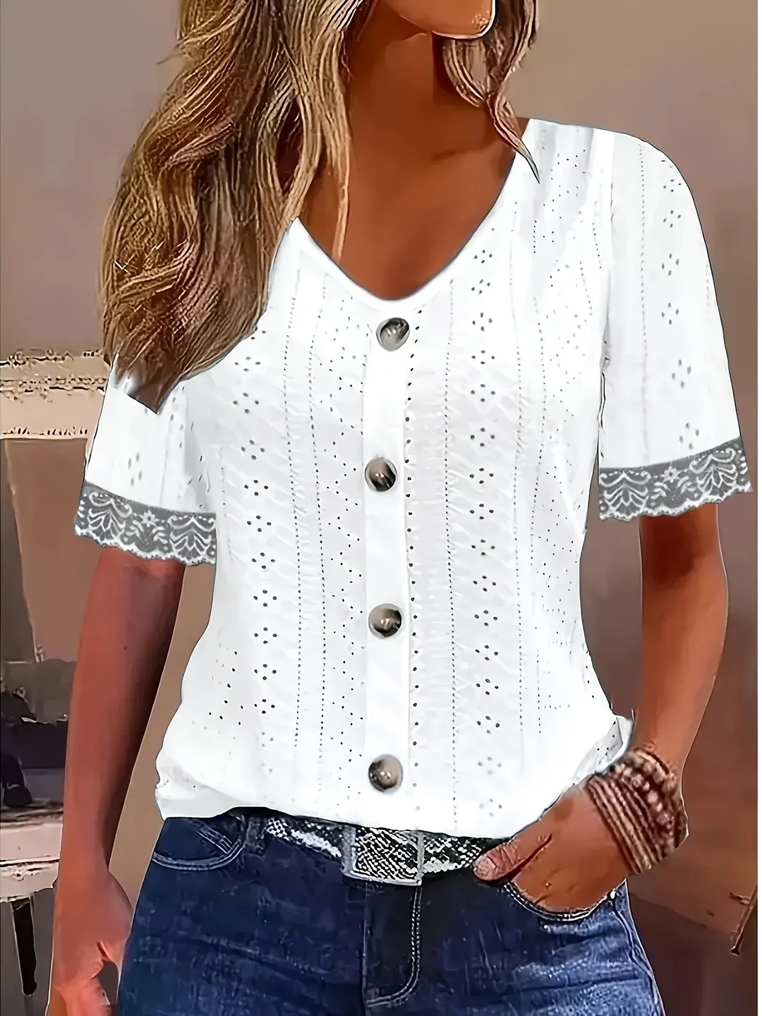 Elegant Light Blue V-Neck Short Sleeve T-Shirt With Decorative Buttons - Breathable Polyester Blend, High Stretch, Semi-Sheer Jacquard Top For Women, Perfect For Spring & Summer, Ladies T Shirt | IFYHOME