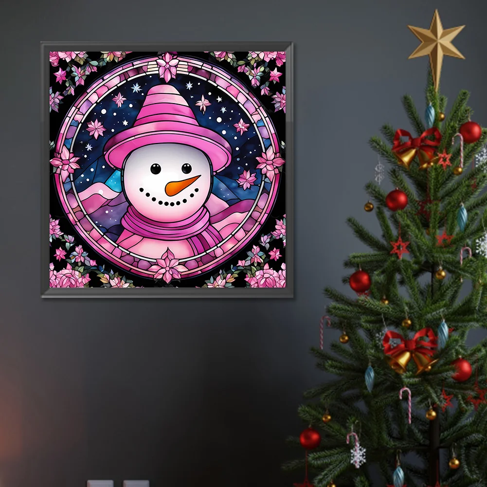 Full Round Diamond Painting 30*30cm - Pink Snowman Glass Painting