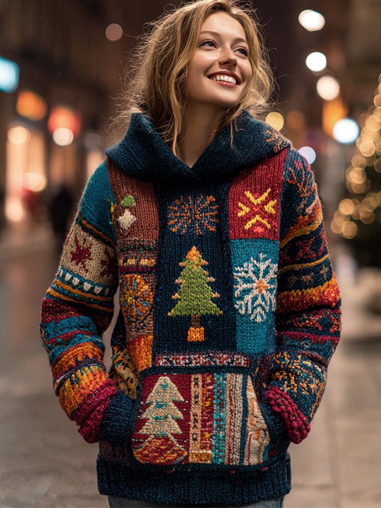 Comstylish Vintage Western Christmas Art Women's Knit Hooded Sweater