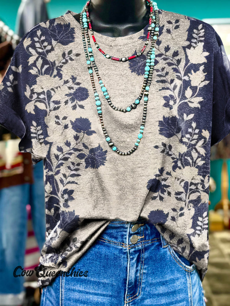 Simple Colorblock Floral Print Casual T-Shirt Beige / S