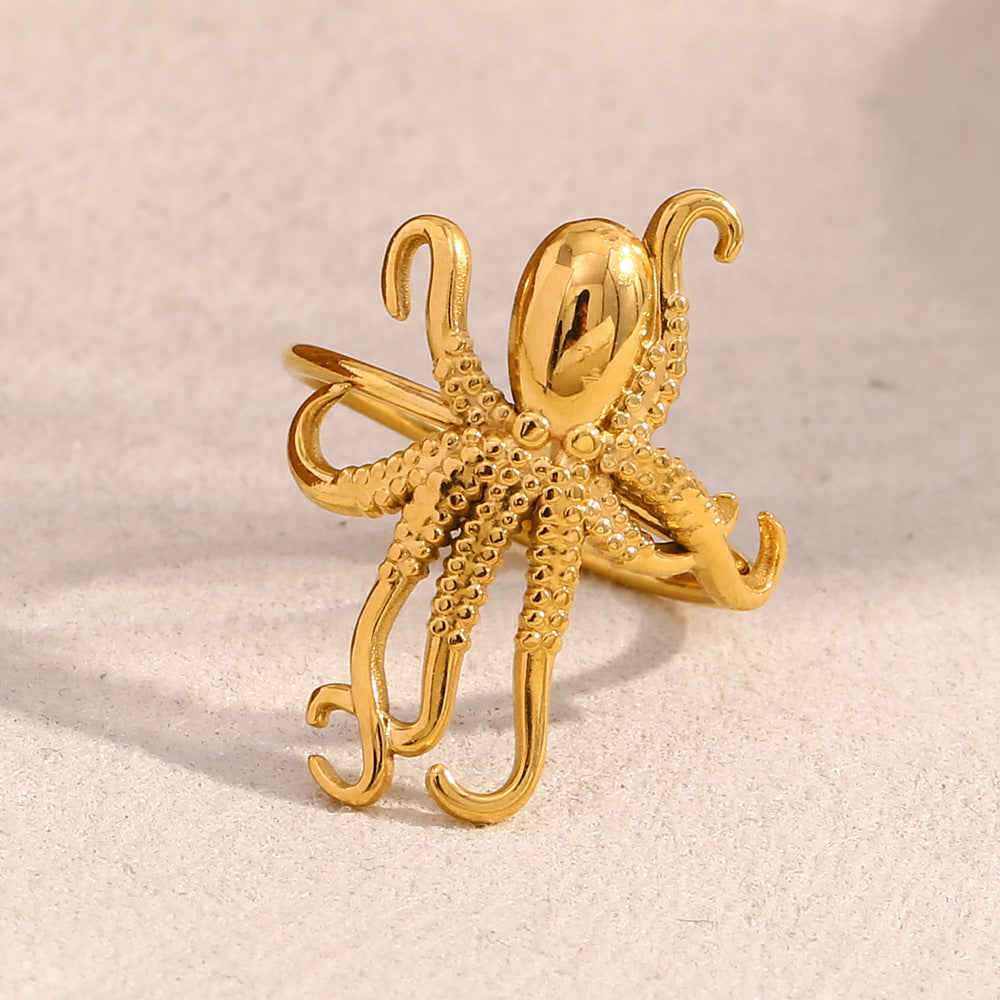 Exaggerated Niche Personality Design Ocean Series Hand Jewelry Stainless Steel Plated 18K Gold Octopus Open Ring3
