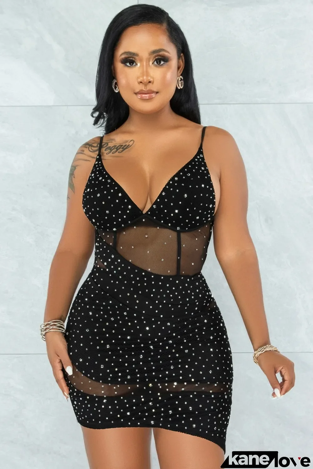 Women Summer Black Beaded Strap Mesh Club Dress