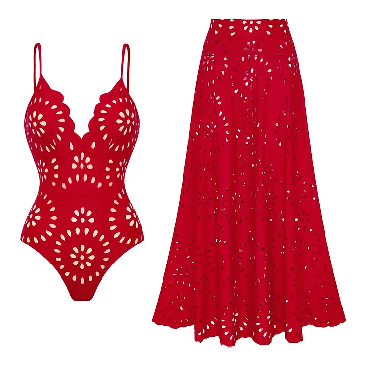 Black Laser Cutting Flower Hollow One Piece Swimsuit and Skirt