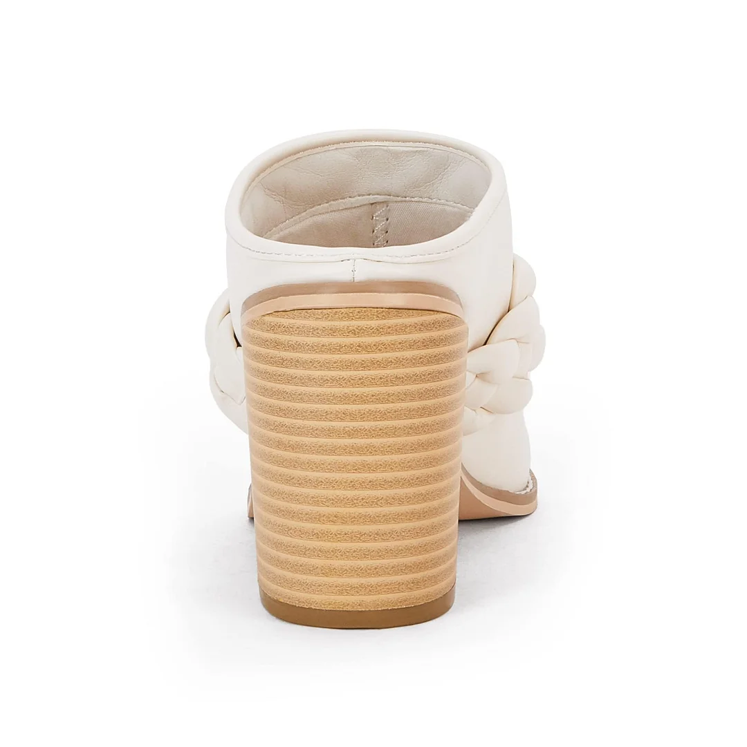 YDN White Vegan Leather Pointed Toe Braid Chunky Heeled Mules