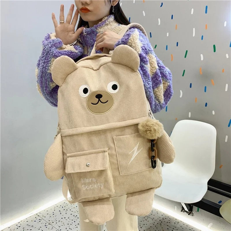 Japanese Corduroy Bear Backpacks for Cute Women Multi-pockets School Bags Large Capacity Backpack Teenger Girls Schoolbag Female