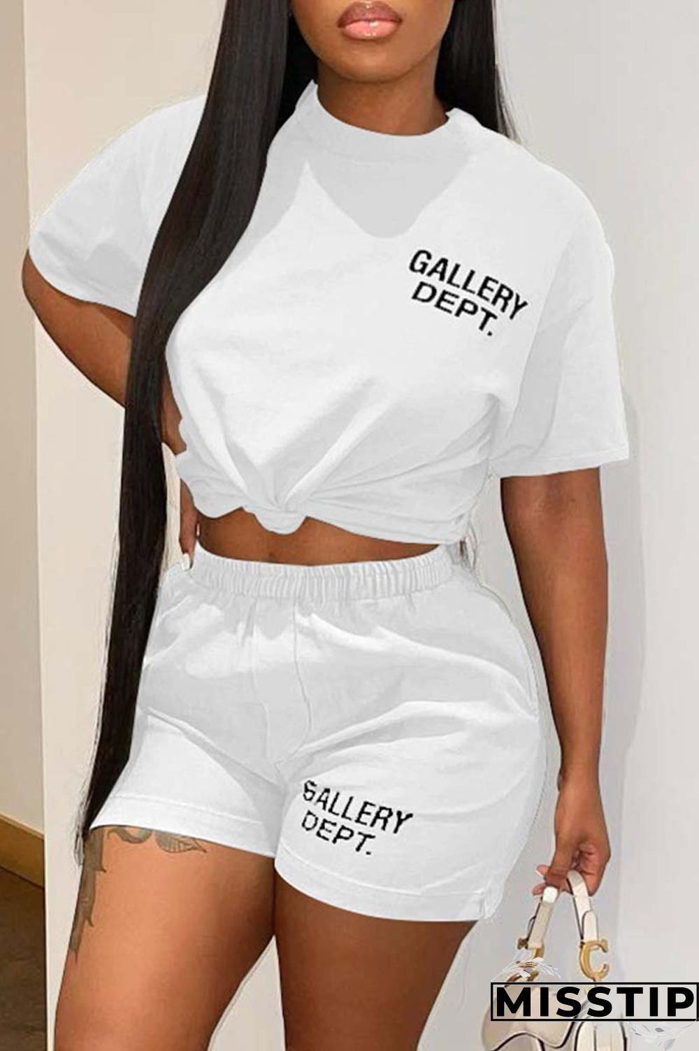 Black Casual Letter Print Basic O Neck Short Sleeve Two Pieces